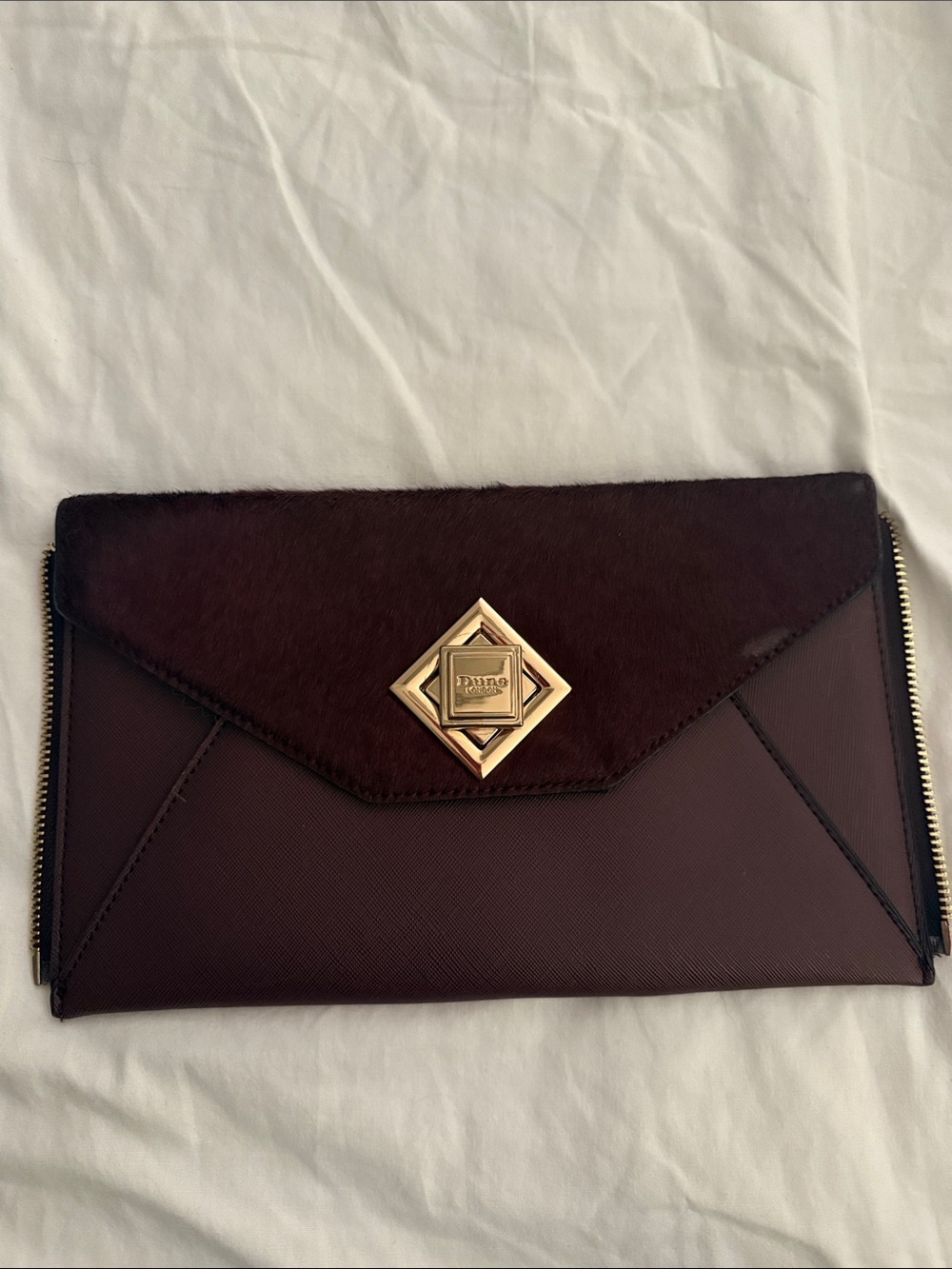 Dune London Burgundy Envelope Clutch with Gold Emblem